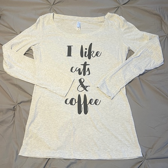 Next Level Light Gray Graphic “I Like Cats & Coffee Long Sleeve Shirt NWOT - Picture 8 of 13